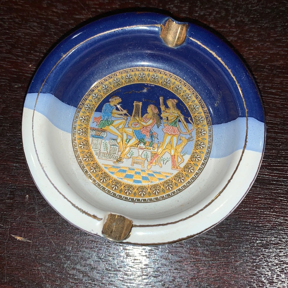 EUC antique cobalt blue and gold Greek ashtray